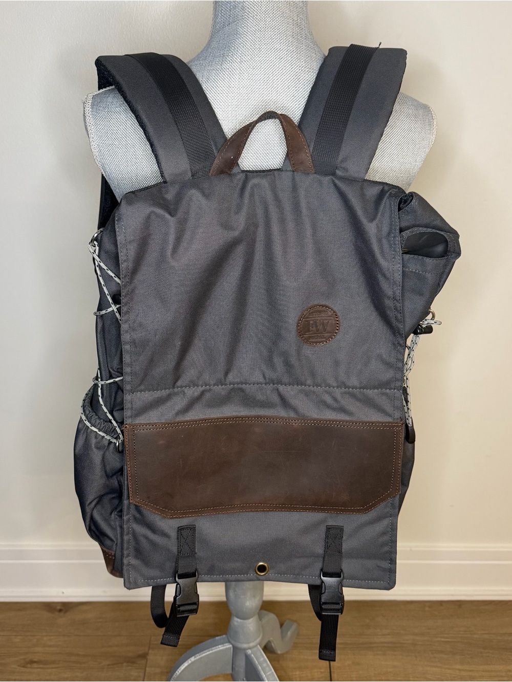 Faith Works handmade in Nepal Gray Canvas Backpack with Brown Leather Trim
